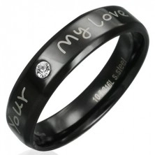 Ring made of steel - black with declaration of love and clear zircon