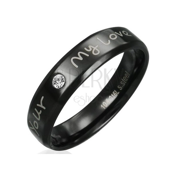 Ring made of steel - black with declaration of love and clear zircon