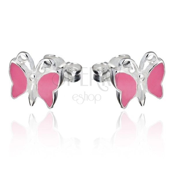 Silver stud earrings - pink butterfly