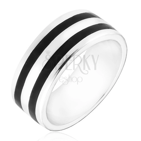 Silver ring - band with two black stripes