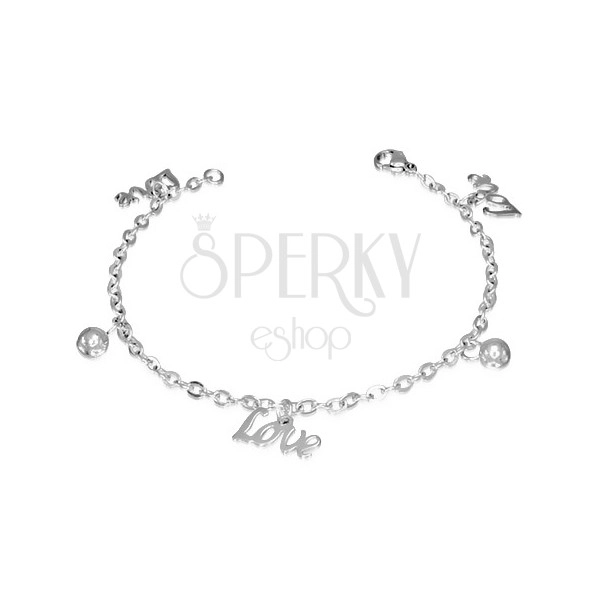 Shiny steel bracelet - balls and inscription Love on chain