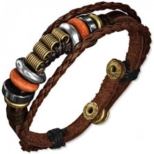 Brown leather multi bracelet - stripe with beads, two braided strings