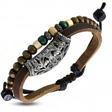 Leather bracelet - band with metal decoration, with beads and lace