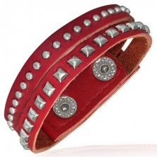 Red studded leather bracelet - hemispheres and pyramids