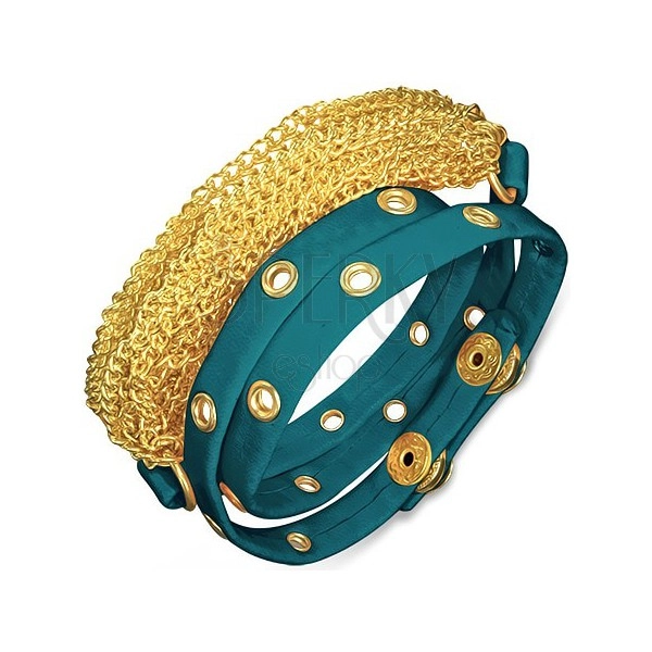 Leather bracelet - blue studded band and golden chainlets