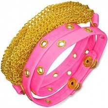 Leather bracelet - pink belt with golden studding and chainlets