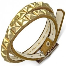 Artificial leather bracelet - double wrapped in brown colour, gold pyramids