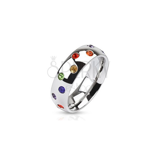 Steel ring - silver band ring, colourful stones