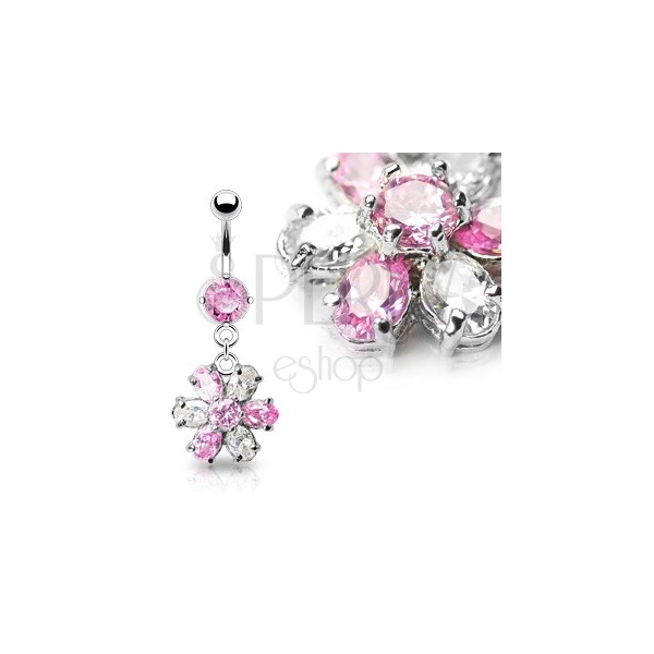 Luxurious flower belly ring - pink and clear zircons