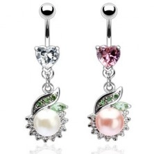 Luxurious belly ring with pearl and green leaf