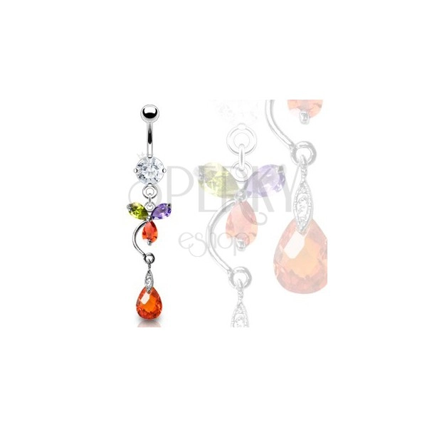 Colorful luxurious flower belly ring with red drop