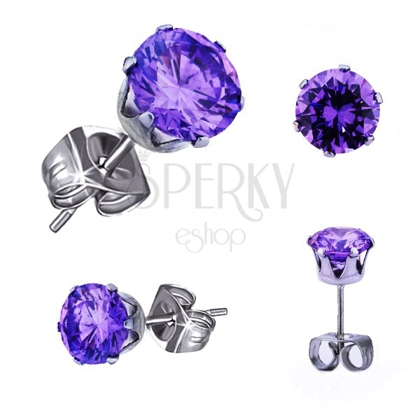 Steel earrings - round violet zircon, stud fastening