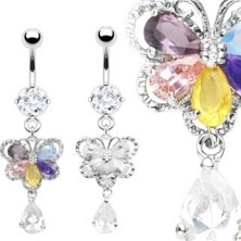 Flower belly ring with five petals and clear dangle zircon