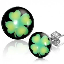 Stud earrings made of steel, circles with green four-leaf clover
