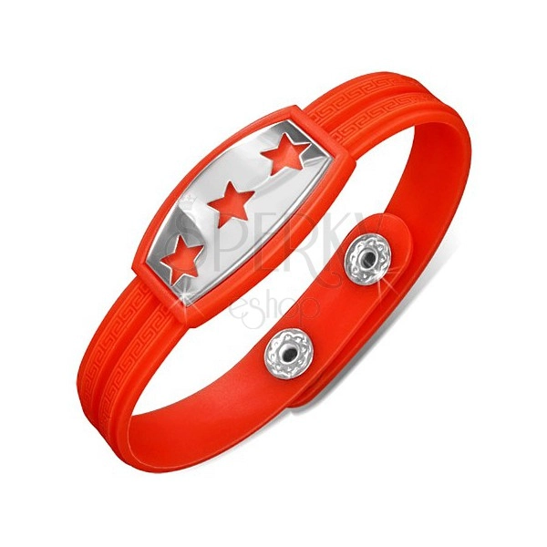Rubber red and orange bracelet, plate with stars