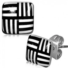 Square earrings made of steel, horizontal and vertical lines, enamel
