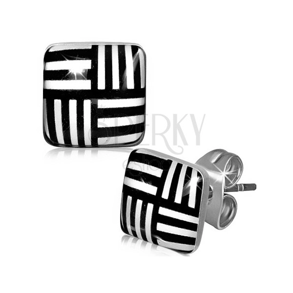 Square earrings made of steel, horizontal and vertical lines, enamel