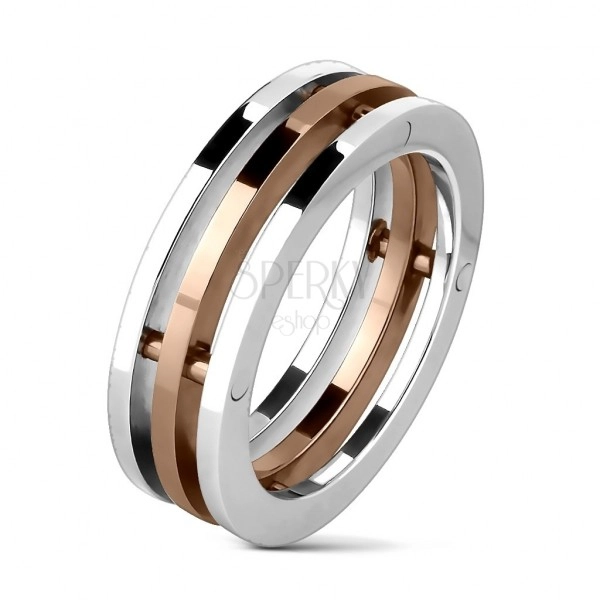 Steel ring - three strips, middle strip in copper color