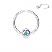 Piercing made of stainless steel – ring with a coloured crystal in a round bezel