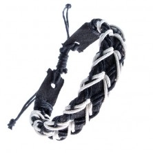Black leather bracelet - perforated band, black and white laces in cross pattern
