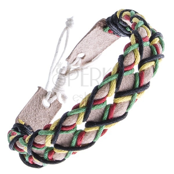 Leather bracelet - beige band and four colourful laces in X pattern