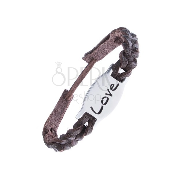 Leather bracelet - plait with steel decoration LOVE