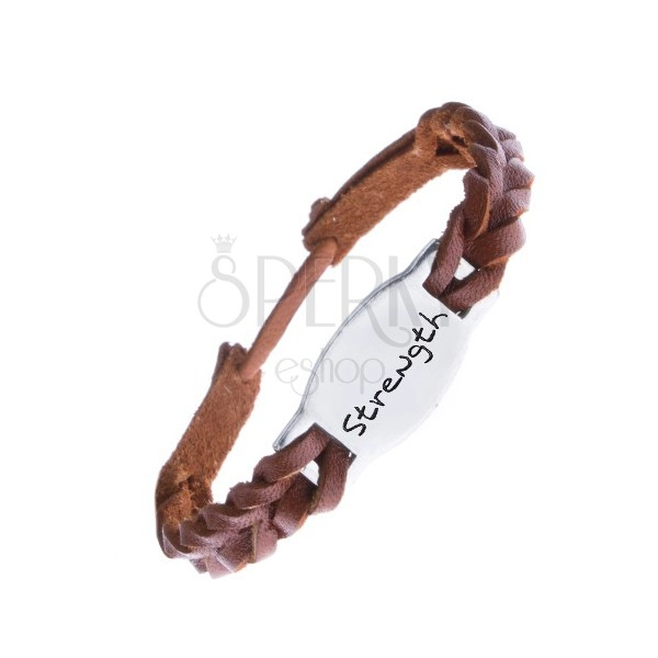 Leather bracelet - brown, steel tag STRENGTH