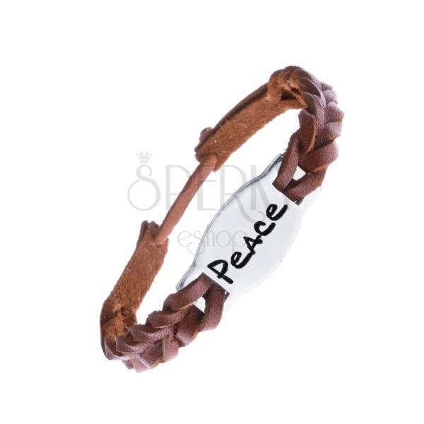 Narrow braided leather bracelet - caramel brown, steel tag "PEACE"