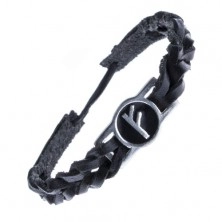 Black leather bracelet - plait with rune "Fehu"