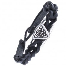Black leather bracelet - braided, Celtic knot with circle