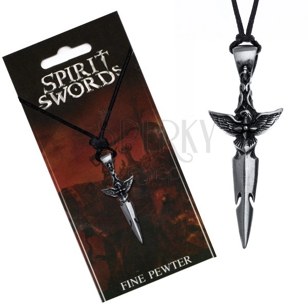 Black necklace - silver-coloured sword, bird on hilt, string