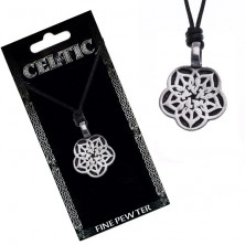 String necklace - black, metal pendant, Celtic flower 