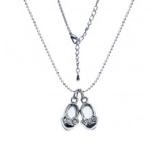 Rhodium plated necklace - ball-shaped chain, little shoes, zircons