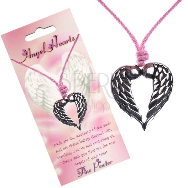 String necklace, heart pendant with folded wings