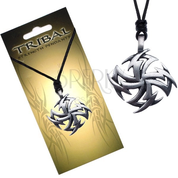 Black necklace, string, round TRIBAL pendant, flash 