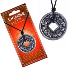Black string necklace - pendant, Chinese coin, zodiac