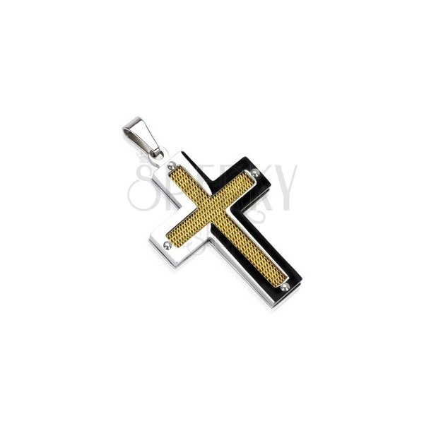 Stainless steel cross with golden mesh centre and rivets