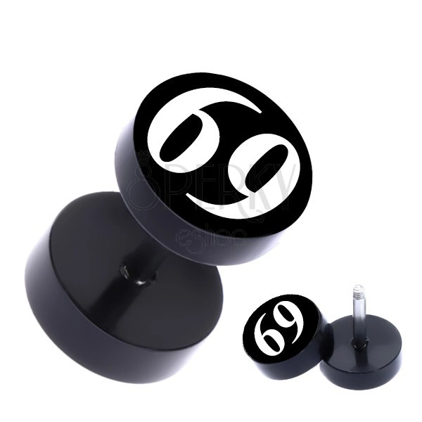 Round black steel fake ear piercing with number "69"