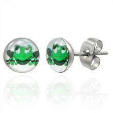 Earrings made of steel, green smiling frog