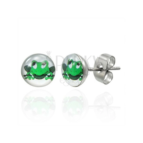 Earrings made of steel, green smiling frog