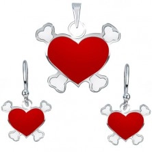 Silver sef of earrings and pendant - red pirate heart