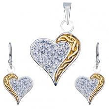 Set of earrings and pendant made of 925 silver - zircons, gold stripe, heart
