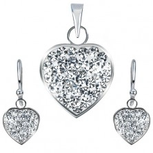 925 silver set  - pendant and earrings, clear glistening heart