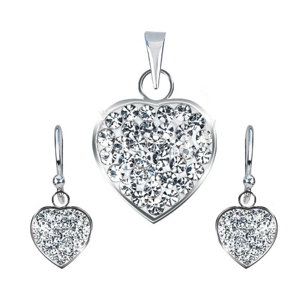 925 silver set  - pendant and earrings, clear glistening heart