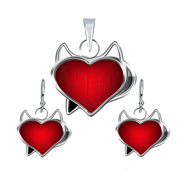 Set of earrings and pendant made of 925 silver - red heart little devil