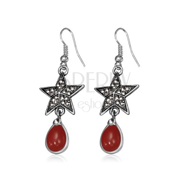 Metal earrings - five-pointed star with zircons and red stone