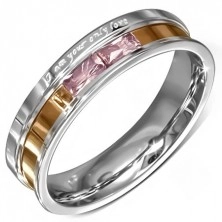 Steel band ring, pink zircons, engraved declaration of love