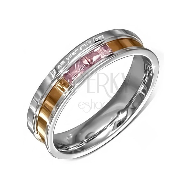Steel band ring, pink zircons, engraved declaration of love