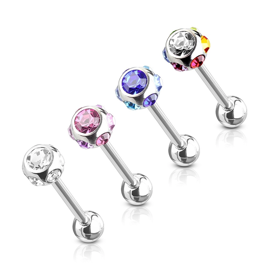 Steel tongue piercing set - colourful multi-zircon ball | Jewellery Eshop EU