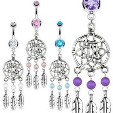 Shiny steel bellybutton piercing - dream catcher, feathers, heads